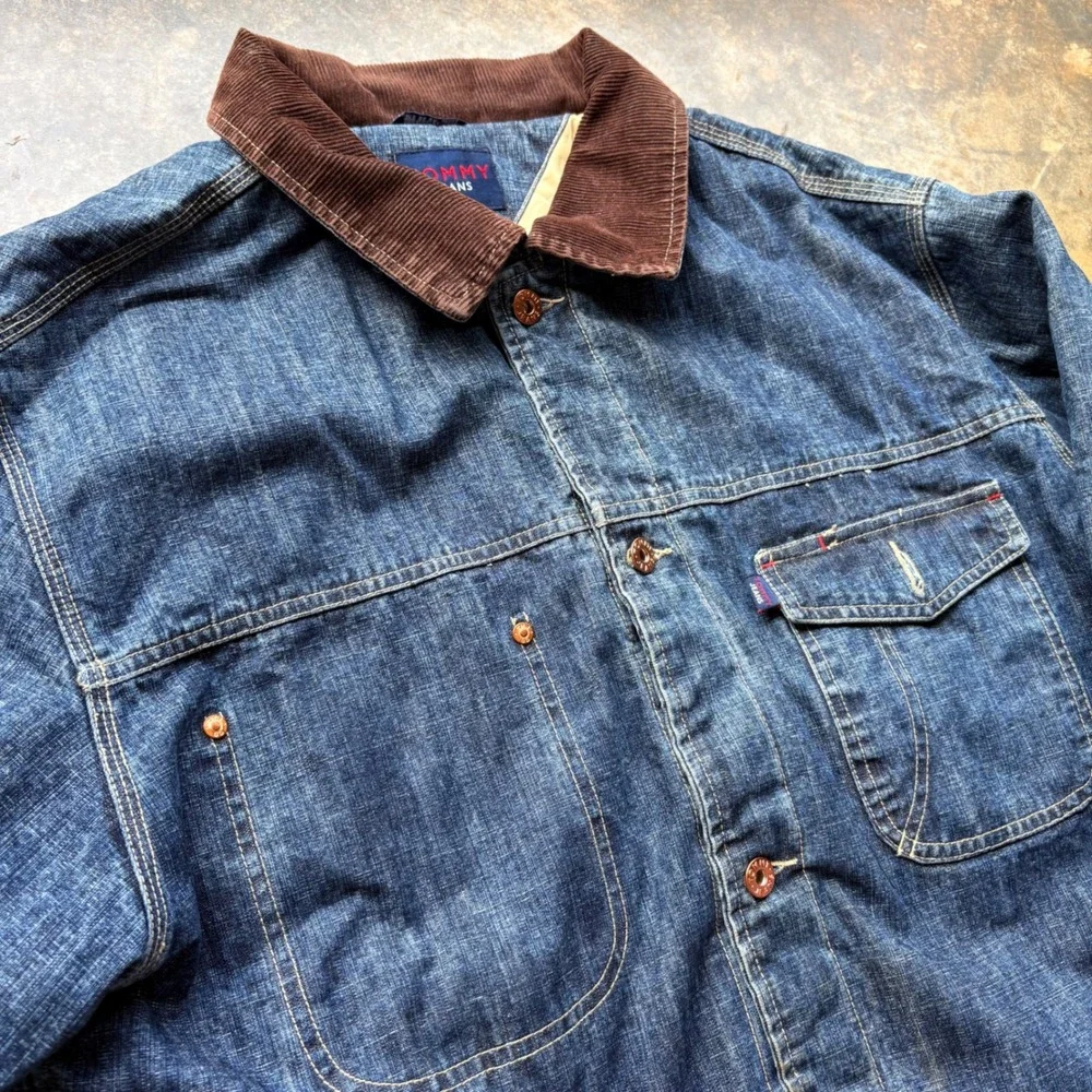 Tommy Jeans Mens Vintage Denim Chore Jacket Corduroy Collar Quilted Lined Blue L